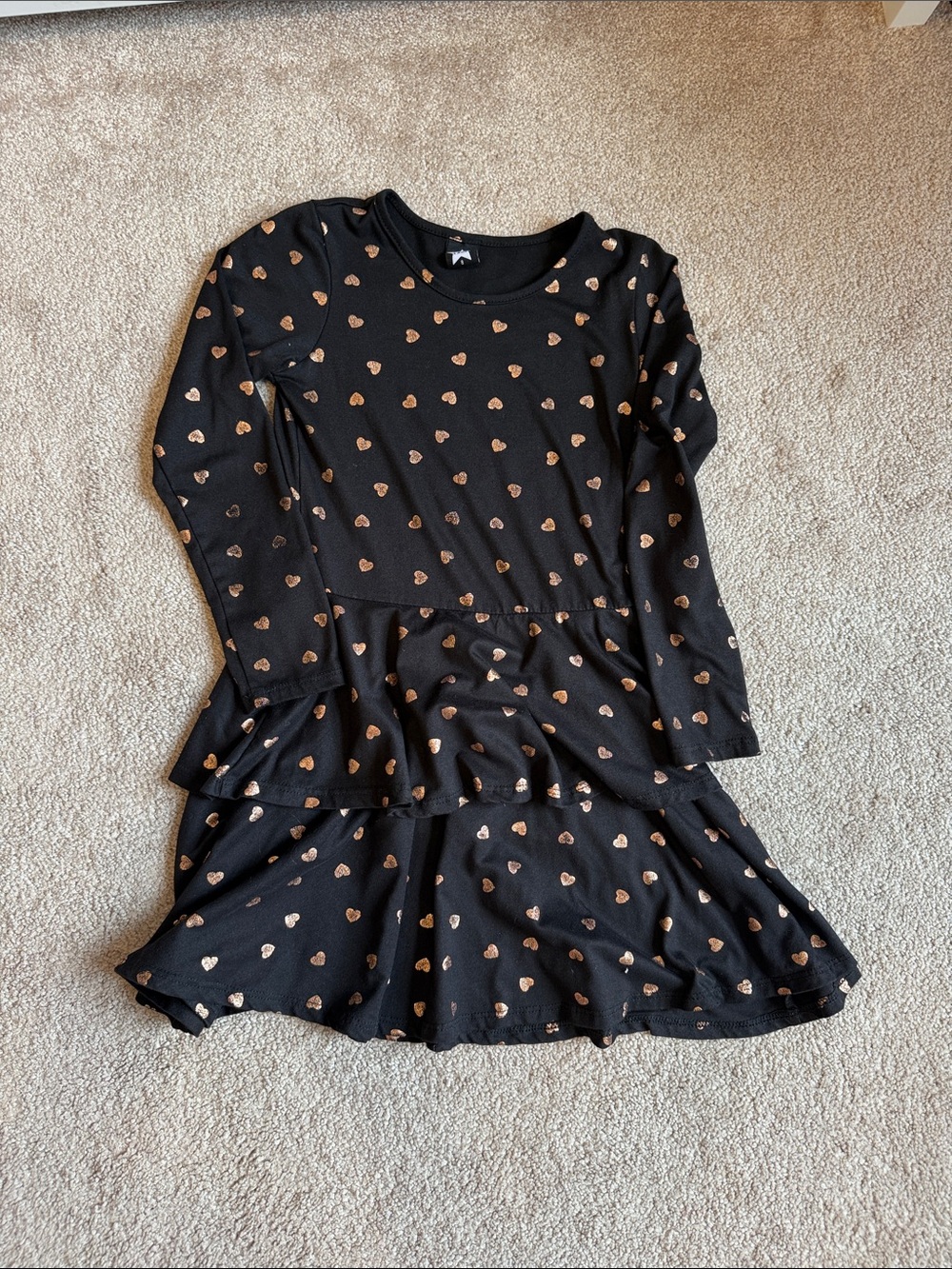 Black Long-Sleeve Tiered Dress with Metallic Rose Gold Hearts